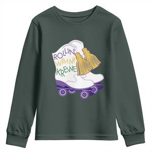 Funny Mardi Gras Youth Sweatshirt Rollin' With My Krewe Marching Boots Carnival Party TS11 Dark Forest Green Print Your Wear