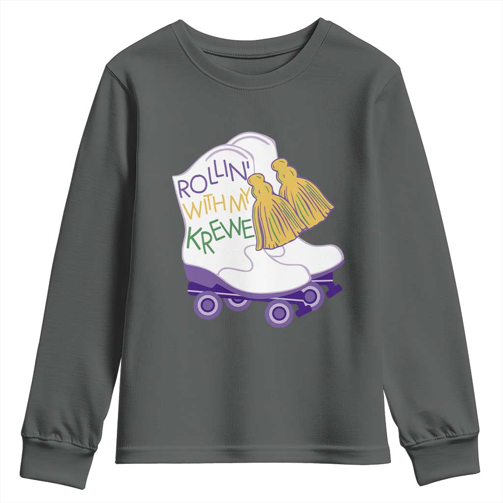 Funny Mardi Gras Youth Sweatshirt Rollin' With My Krewe Marching Boots Carnival Party TS11 Dark Heather Print Your Wear