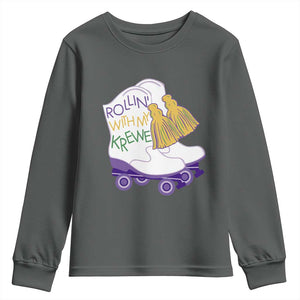 Funny Mardi Gras Youth Sweatshirt Rollin' With My Krewe Marching Boots Carnival Party TS11 Dark Heather Print Your Wear