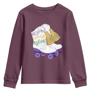 Funny Mardi Gras Youth Sweatshirt Rollin' With My Krewe Marching Boots Carnival Party TS11 Maroon Print Your Wear
