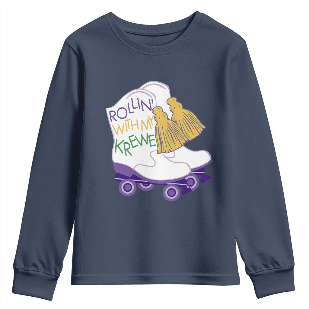 Funny Mardi Gras Youth Sweatshirt Rollin' With My Krewe Marching Boots Carnival Party TS11 Navy Print Your Wear