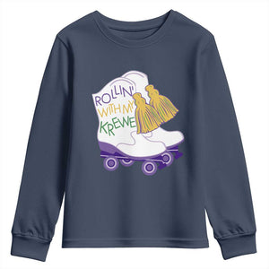 Funny Mardi Gras Youth Sweatshirt Rollin' With My Krewe Marching Boots Carnival Party TS11 Navy Print Your Wear