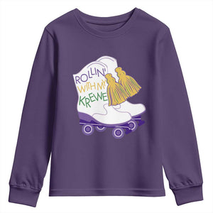 Funny Mardi Gras Youth Sweatshirt Rollin' With My Krewe Marching Boots Carnival Party TS11 Purple Print Your Wear