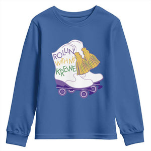 Funny Mardi Gras Youth Sweatshirt Rollin' With My Krewe Marching Boots Carnival Party TS11 Royal Blue Print Your Wear