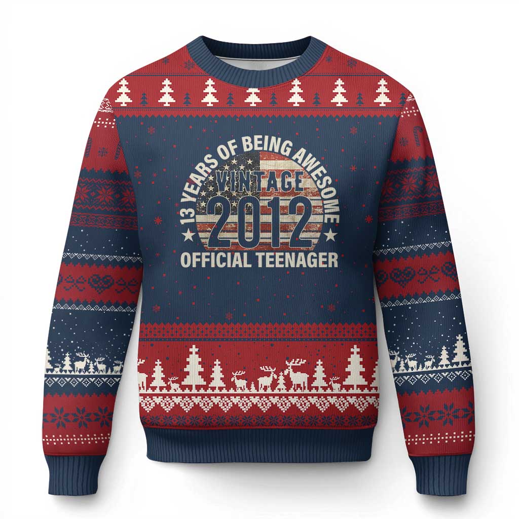 13th Birthday Ugly Christmas Sweater Vintage 2012 Official Teenager 13 Years Of Being Awesome American Flag TS11 Navy Red Print Your Wear
