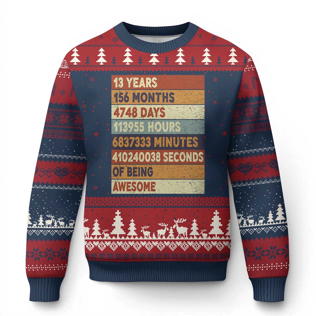 Funny 13th Birthday Ugly Christmas Sweater 13 Years 156 Months 4748 Days Vintage Retro TS11 Navy Red Print Your Wear