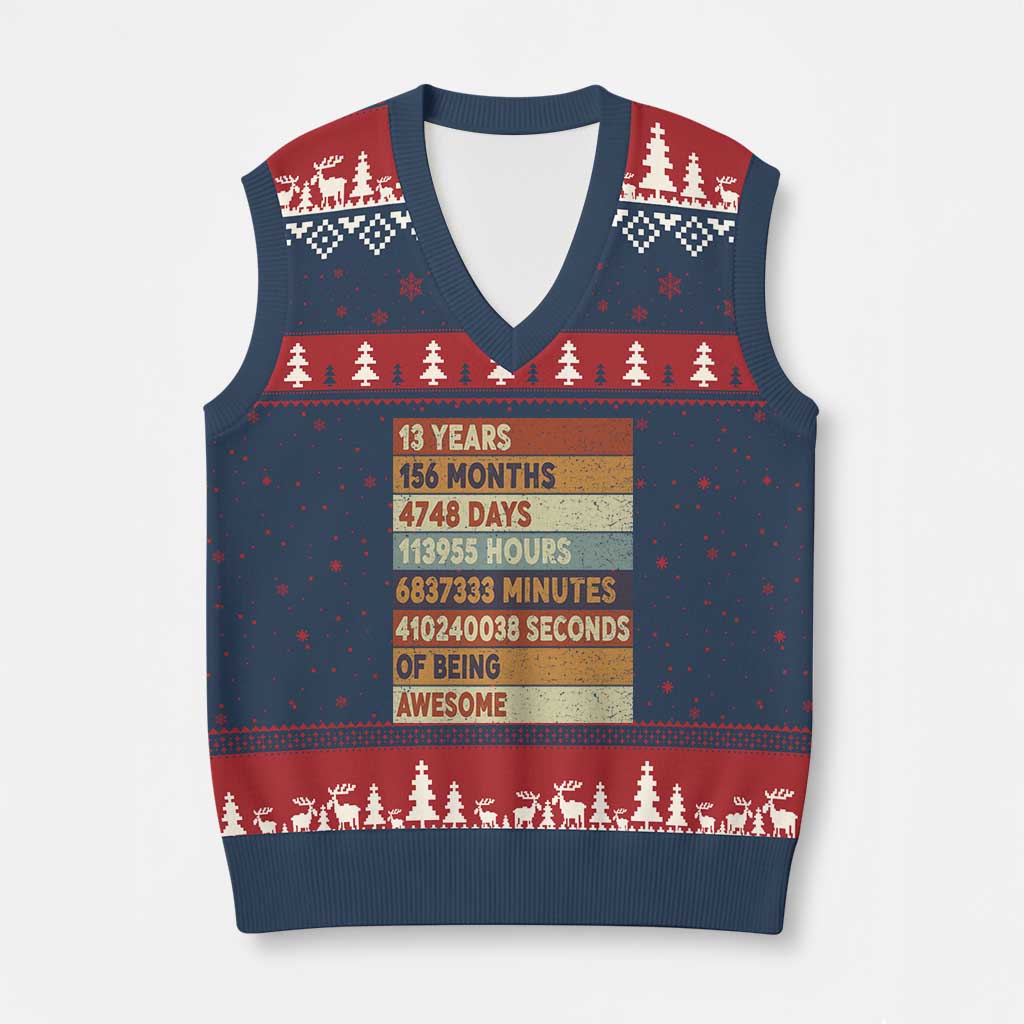 Funny 13th Birthday V-Neck Knit Sweater Vest 13 Years 156 Months 4748 Days Vintage Retro TS11 Navy Red Print Your Wear