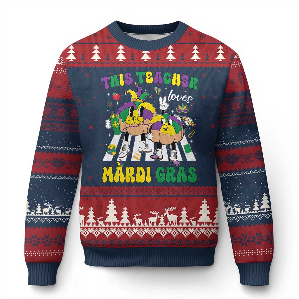 Funny This Teacher Loves Mardi Gras Ugly Christmas Sweater King Cake Jester Hat TS11 Navy Red Print Your Wear