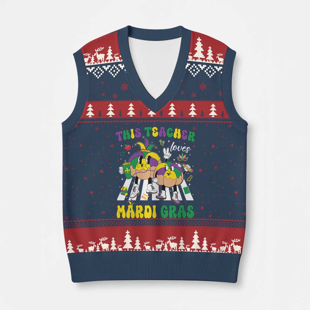 Funny This Teacher Loves Mardi Gras V-Neck Knit Sweater Vest King Cake Jester Hat TS11 Navy Red Print Your Wear