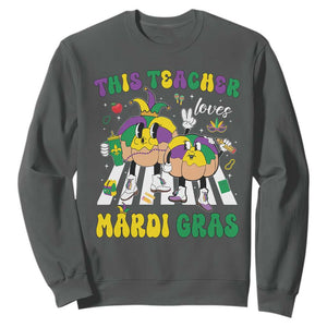 Funny This Teacher Loves Mardi Gras Sweatshirt King Cake Jester Hat TS11 Dark Heather Print Your Wear