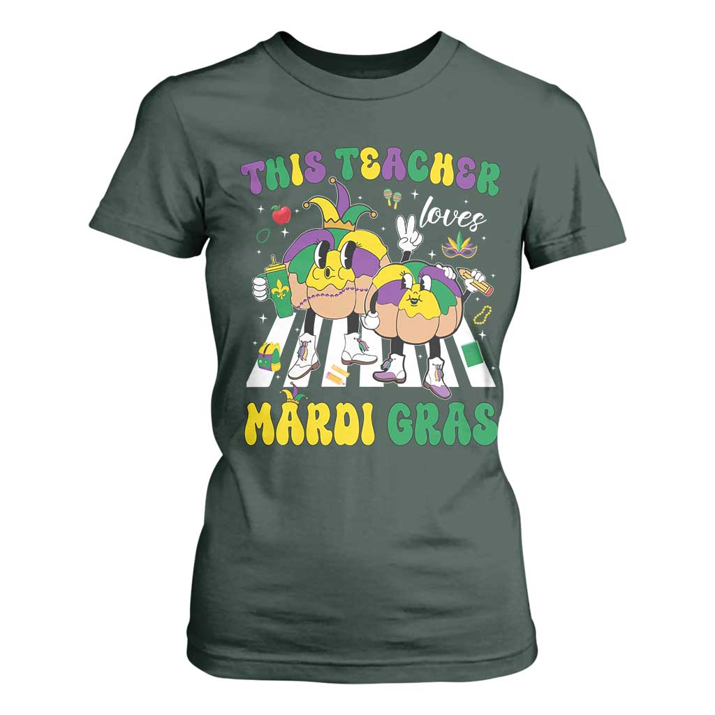 Funny This Teacher Loves Mardi Gras T Shirt For Women King Cake Jester Hat TS11 Dark Forest Green Print Your Wear