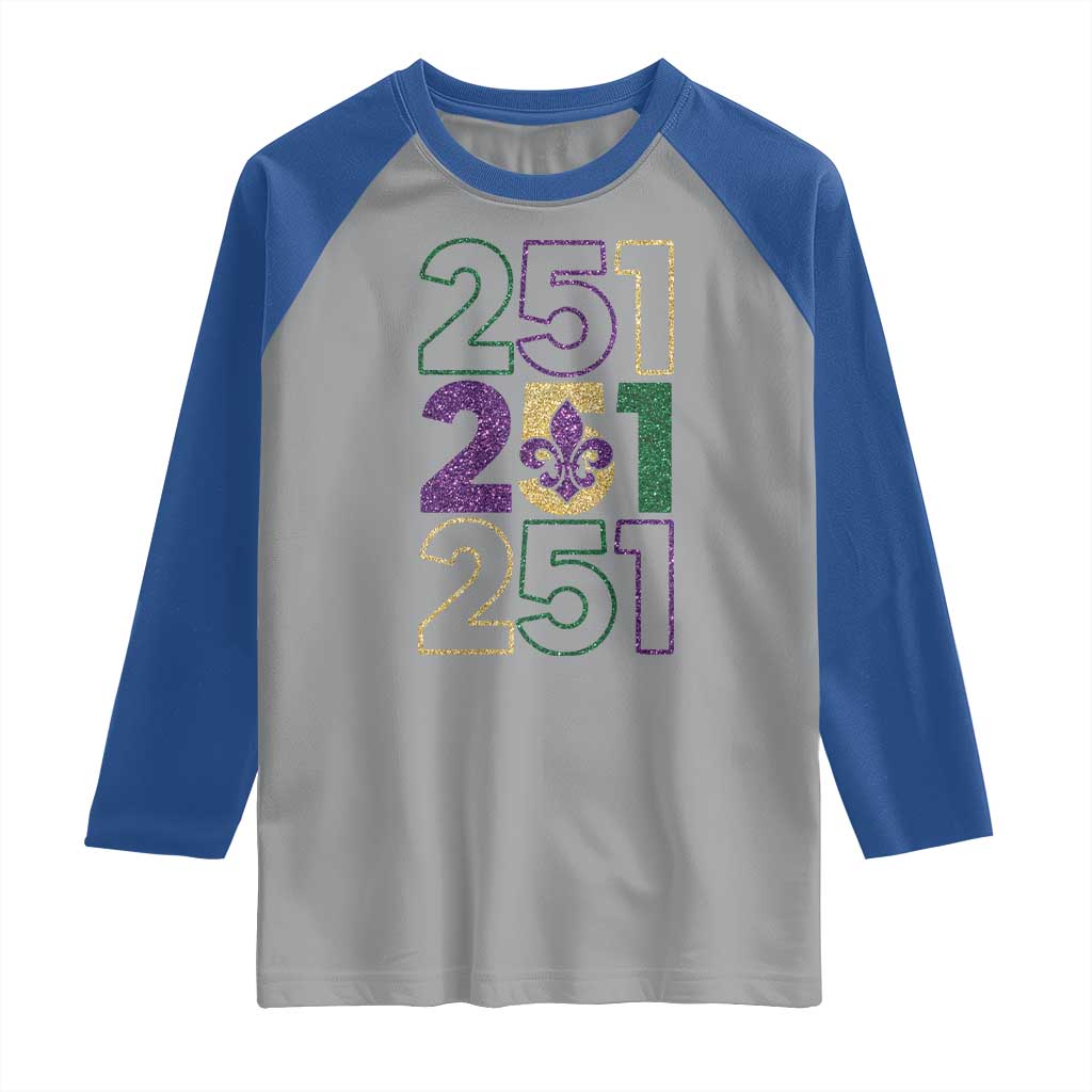 Funny Mobile Mardi Gras 251 Raglan Shirt Glitter Print Area Code TS11 Sport Gray Royal Print Your Wear