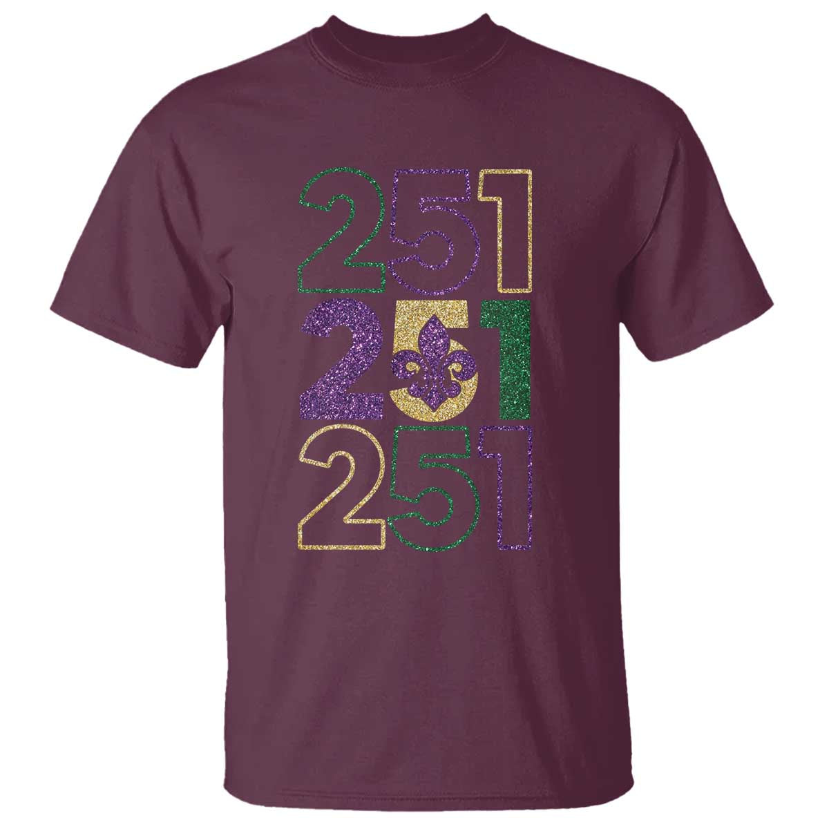 Funny Mobile Mardi Gras 251 T Shirt Glitter Print Area Code TS11 Maroon Print Your Wear