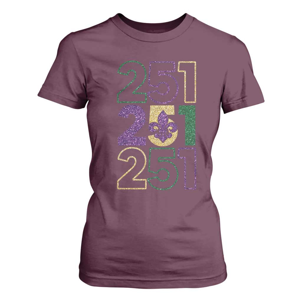 Funny Mobile Mardi Gras 251 T Shirt For Women Glitter Print Area Code TS11 Maroon Print Your Wear