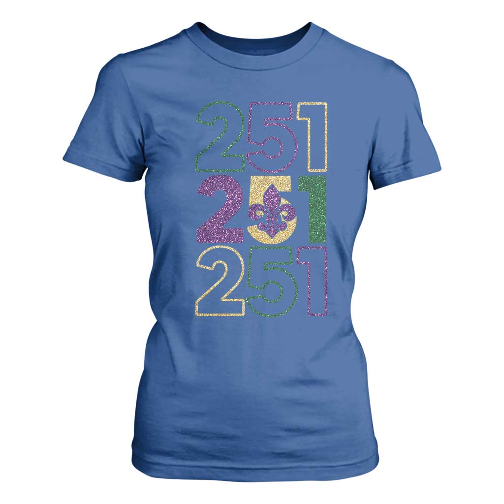 Funny Mobile Mardi Gras 251 T Shirt For Women Glitter Print Area Code TS11 Royal Blue Print Your Wear