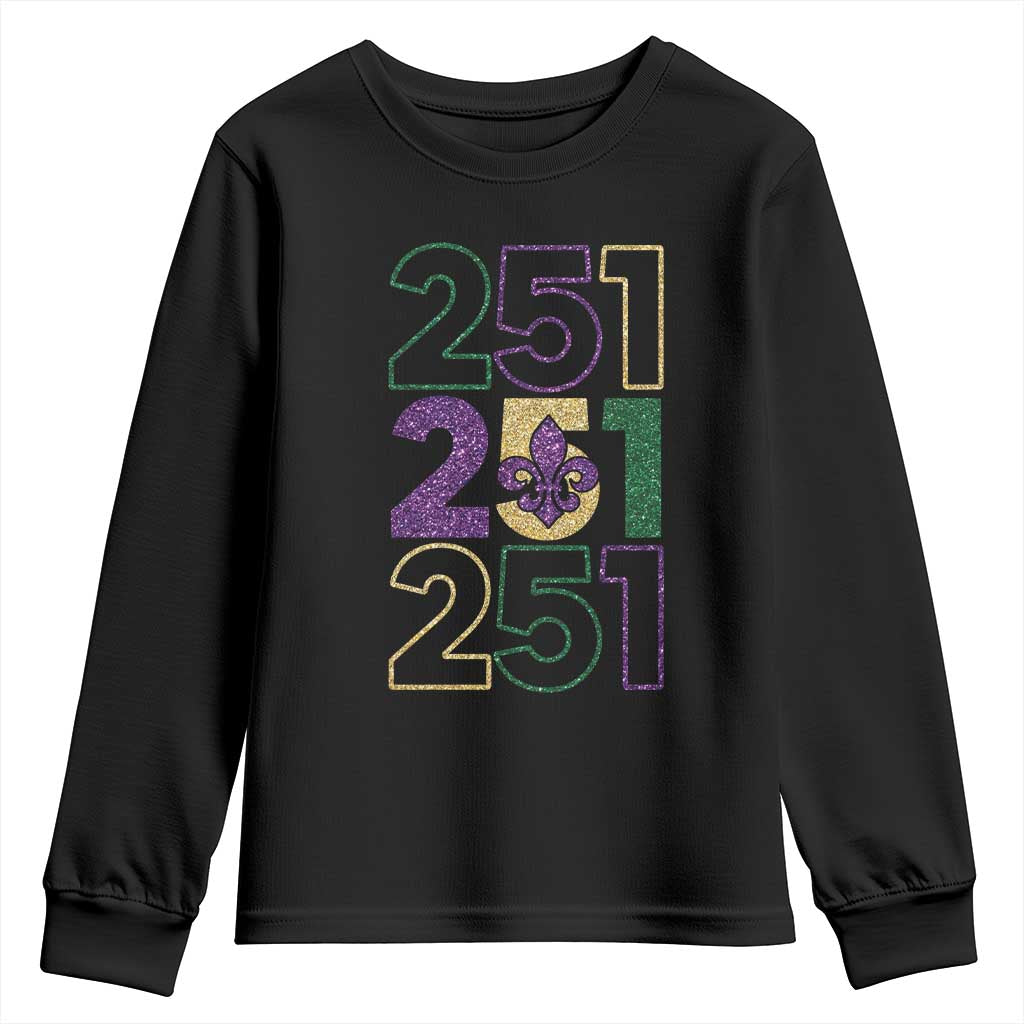 Funny Mobile Mardi Gras 251 Youth Sweatshirt Glitter Print Area Code TS11 Black Print Your Wear