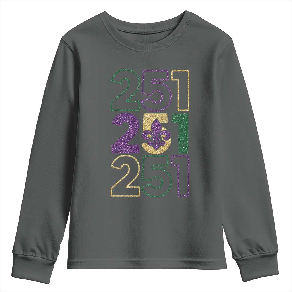 Funny Mobile Mardi Gras 251 Youth Sweatshirt Glitter Print Area Code TS11 Dark Heather Print Your Wear