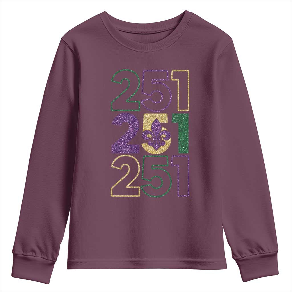 Funny Mobile Mardi Gras 251 Youth Sweatshirt Glitter Print Area Code TS11 Maroon Print Your Wear