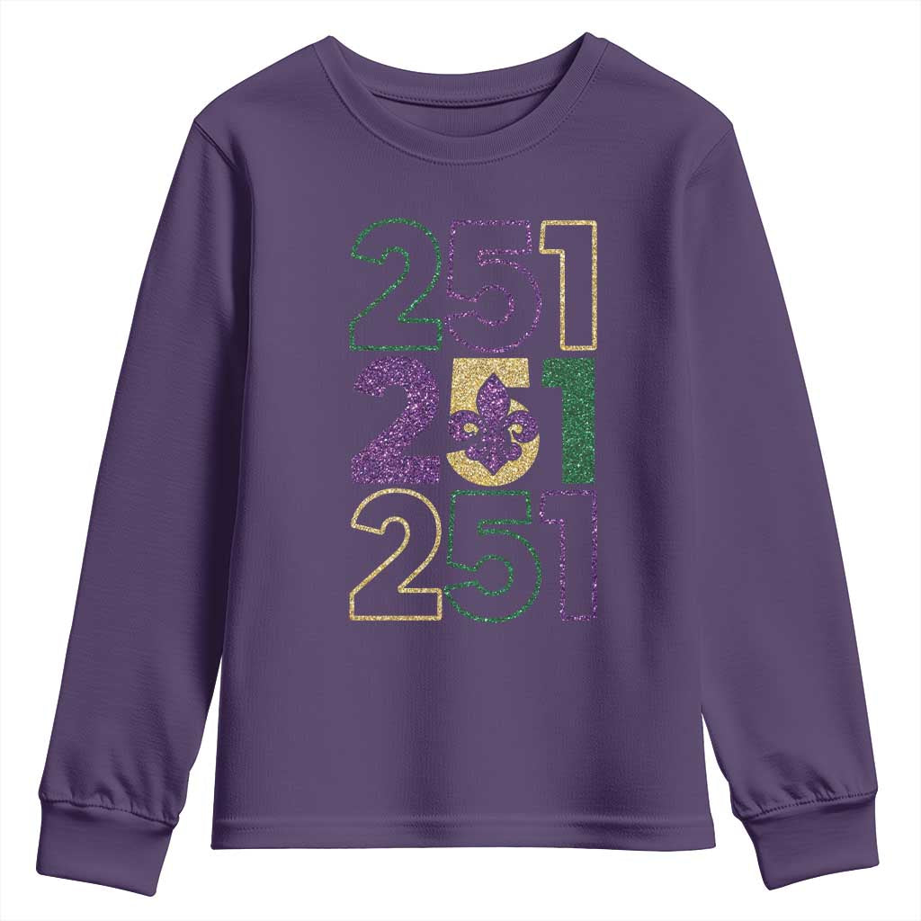 Funny Mobile Mardi Gras 251 Youth Sweatshirt Glitter Print Area Code TS11 Purple Print Your Wear