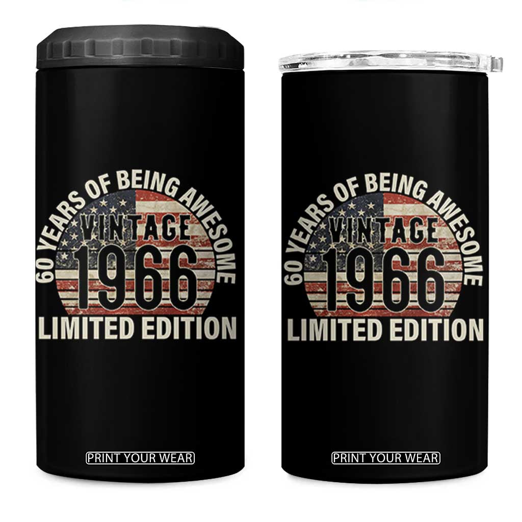 60th Birthday 4 in 1 Can Cooler Tumbler Vintage 1966 Limited Edition 60 Years Of Being Awesome American Flag TS11 One Size: 16 oz Black Print Your Wear