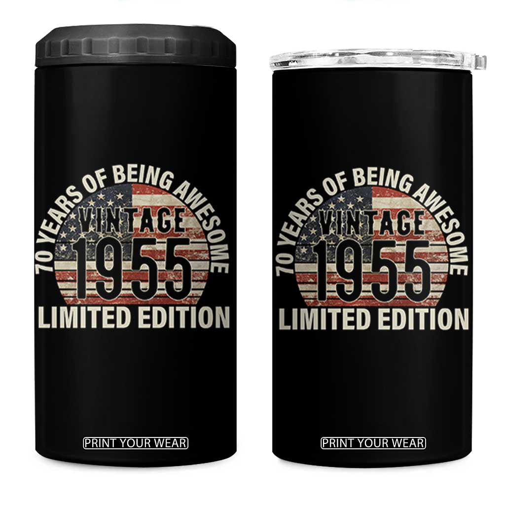 70th Birthday 4 in 1 Can Cooler Tumbler Vintage 1955 Limited Edition 70 Years Of Being Awesome American Flag TS11 One Size: 16 oz Black Print Your Wear