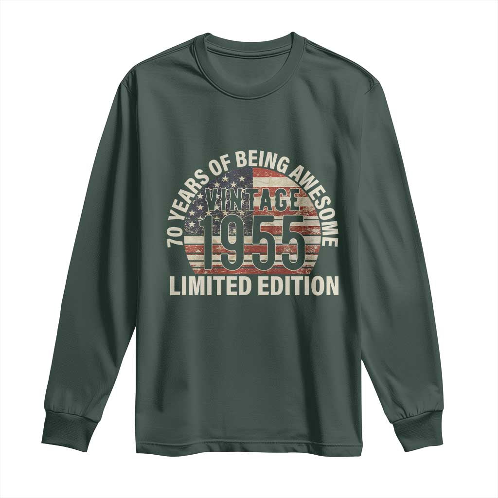 70th Birthday Long Sleeve Shirt Vintage 1955 Limited Edition 70 Years Of Being Awesome American Flag TS11 Dark Forest Green Print Your Wear