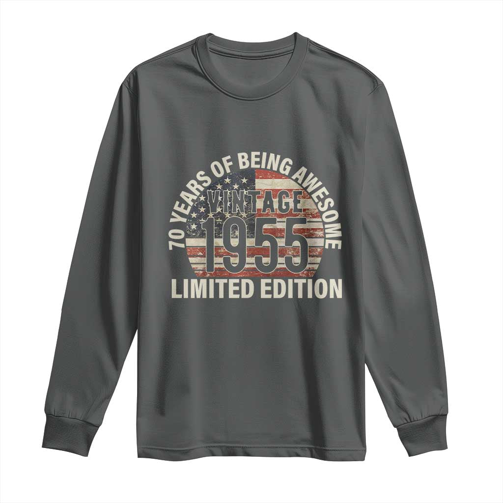 70th Birthday Long Sleeve Shirt Vintage 1955 Limited Edition 70 Years Of Being Awesome American Flag TS11 Dark Heather Print Your Wear