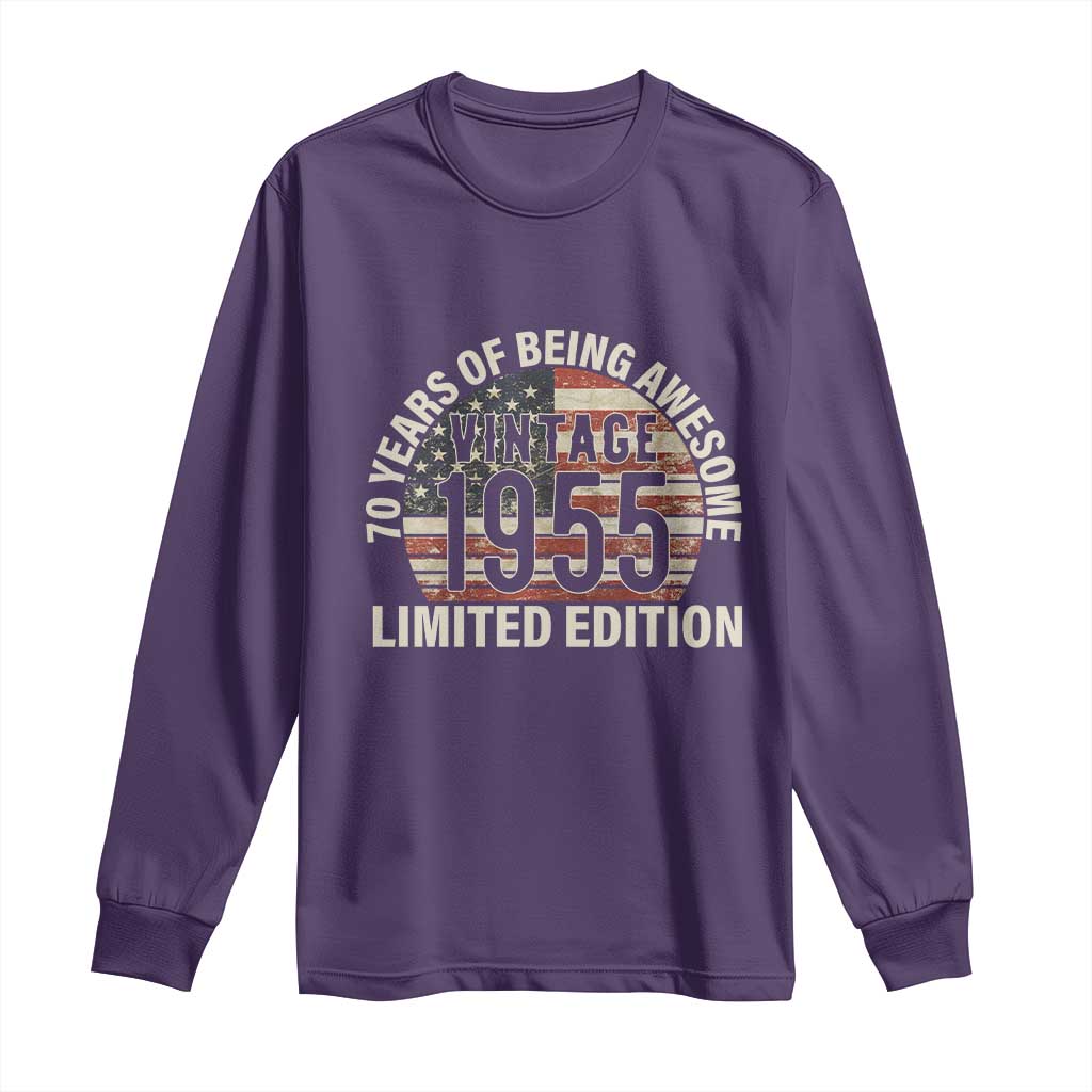 70th Birthday Long Sleeve Shirt Vintage 1955 Limited Edition 70 Years Of Being Awesome American Flag TS11 Purple Print Your Wear