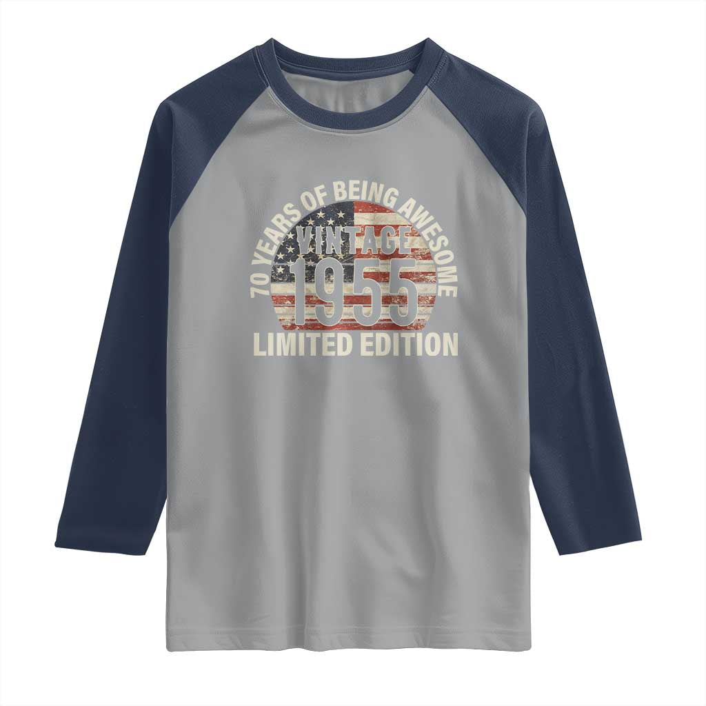 70th Birthday Raglan Shirt Vintage 1955 Limited Edition 70 Years Of Being Awesome American Flag TS11 Sport Gray Navy Print Your Wear