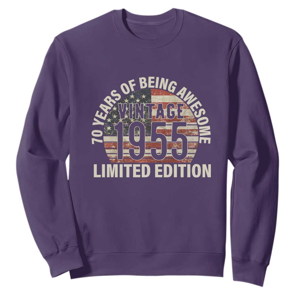 70th Birthday Sweatshirt Vintage 1955 Limited Edition 70 Years Of Being Awesome American Flag TS11 Purple Print Your Wear