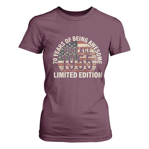 70th Birthday T Shirt For Women Vintage 1955 Limited Edition 70 Years Of Being Awesome American Flag TS11 Maroon Print Your Wear