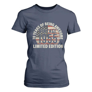 70th Birthday T Shirt For Women Vintage 1955 Limited Edition 70 Years Of Being Awesome American Flag TS11 Navy Print Your Wear