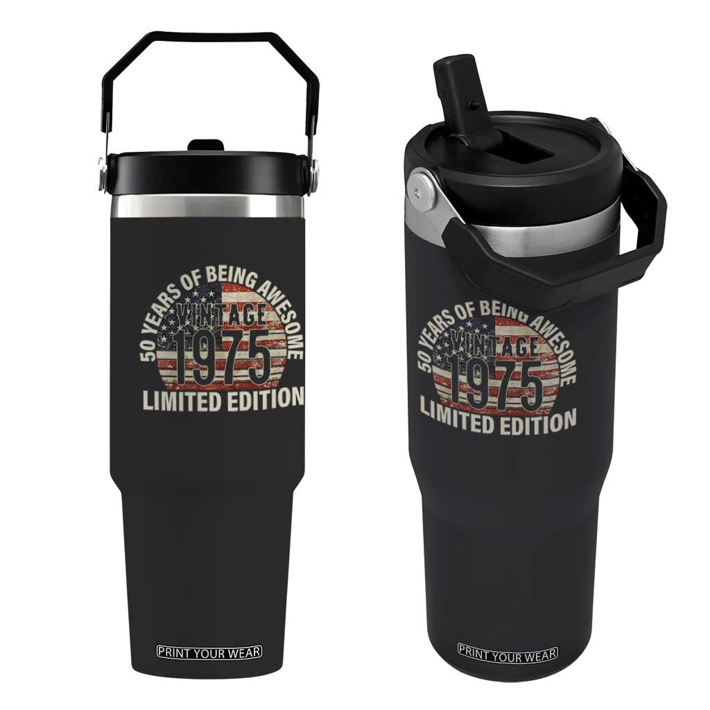 50th Birthday Flip Straw Tumbler Vintage 1975 Limited Edition 50 Years Of Being Awesome American Flag TS11 One Size: 30 oz Black Print Your Wear