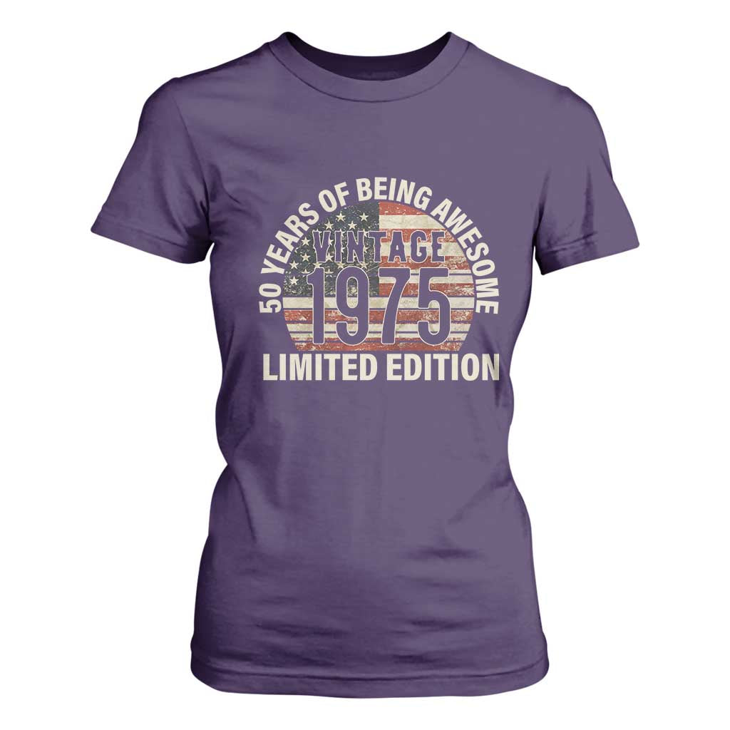 50th Birthday T Shirt For Women Vintage 1975 Limited Edition 50 Years Of Being Awesome American Flag TS11 Purple Print Your Wear