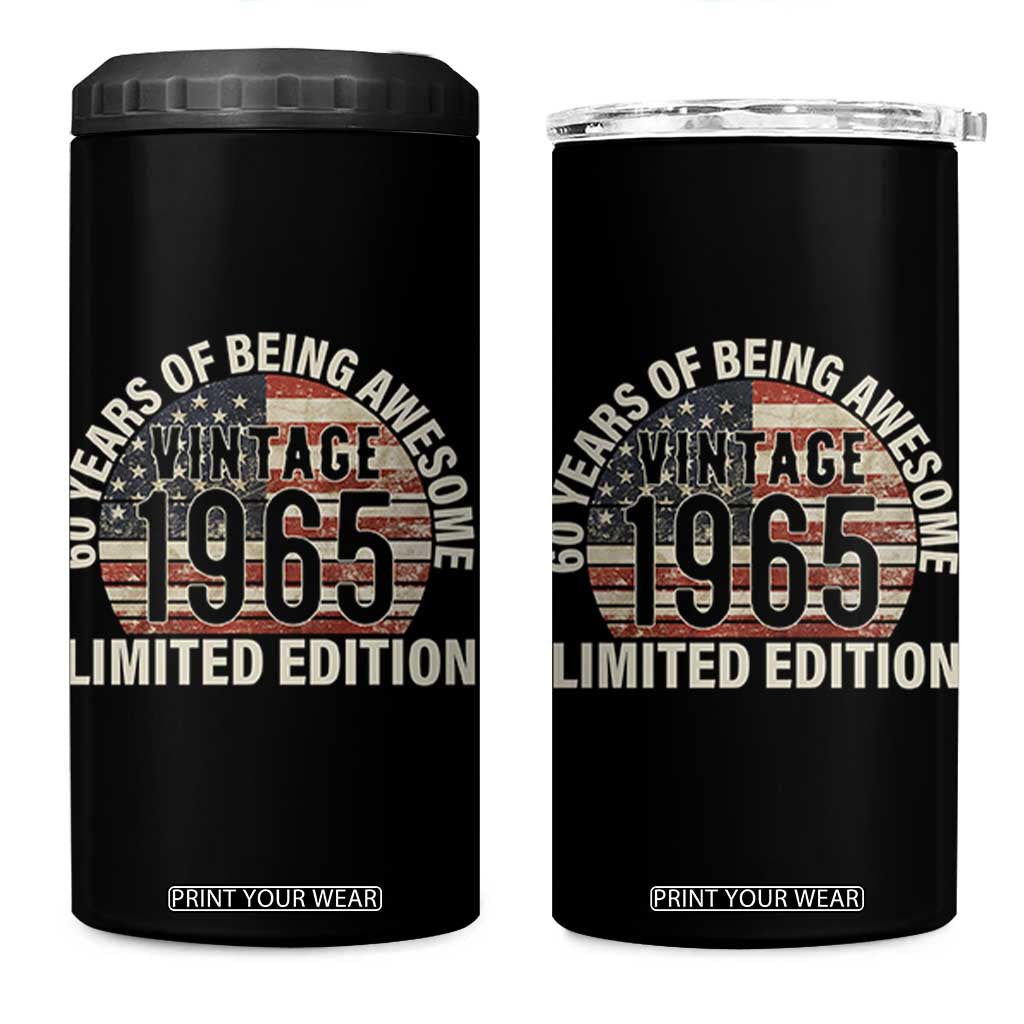 60th Birthday 4 in 1 Can Cooler Tumbler Vintage 1965 Limited Edition 60 Years Of Being Awesome American Flag TS11 One Size: 16 oz Black Print Your Wear