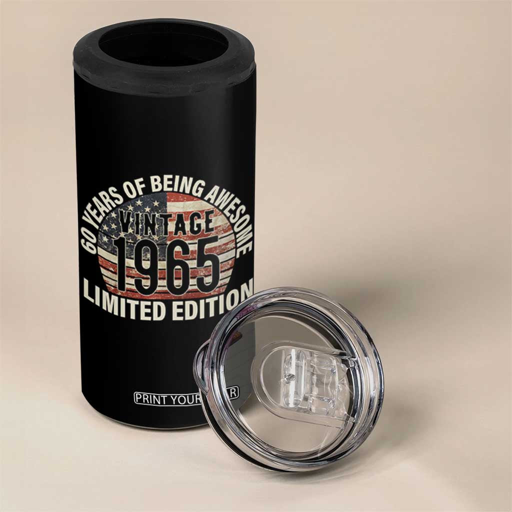 60th Birthday 4 in 1 Can Cooler Tumbler Vintage 1965 Limited Edition 60 Years Of Being Awesome American Flag TS11 Print Your Wear