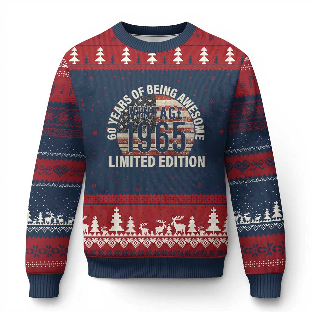 60th Birthday Ugly Christmas Sweater Vintage 1965 Limited Edition 60 Years Of Being Awesome American Flag - Print Your Wear