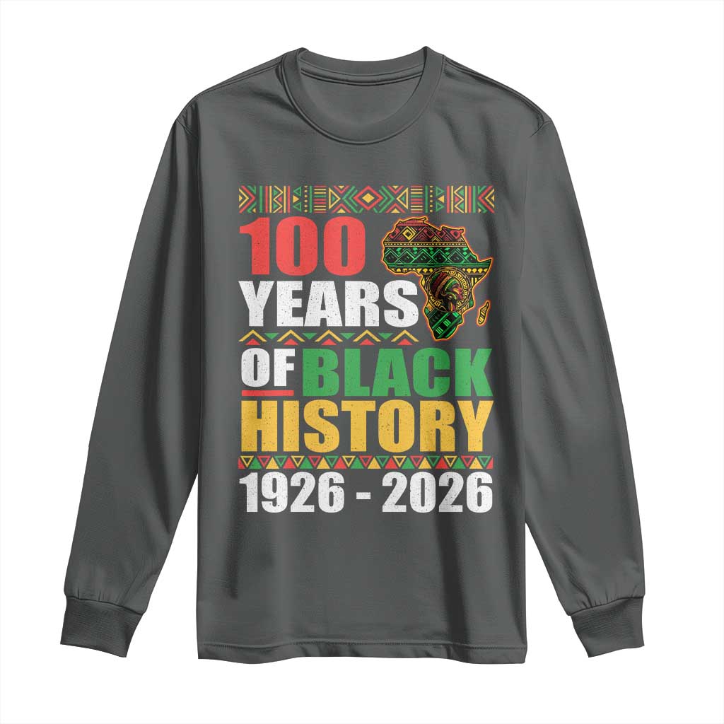 100 Years Of Black History 1926 2026 Centennial Long Sleeve Shirt Africa Map TS11 Dark Heather Print Your Wear