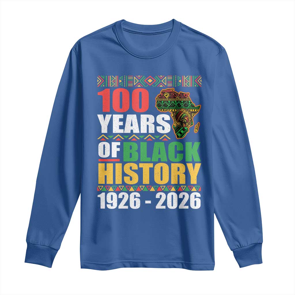 100 Years Of Black History 1926 2026 Centennial Long Sleeve Shirt Africa Map TS11 Royal Blue Print Your Wear