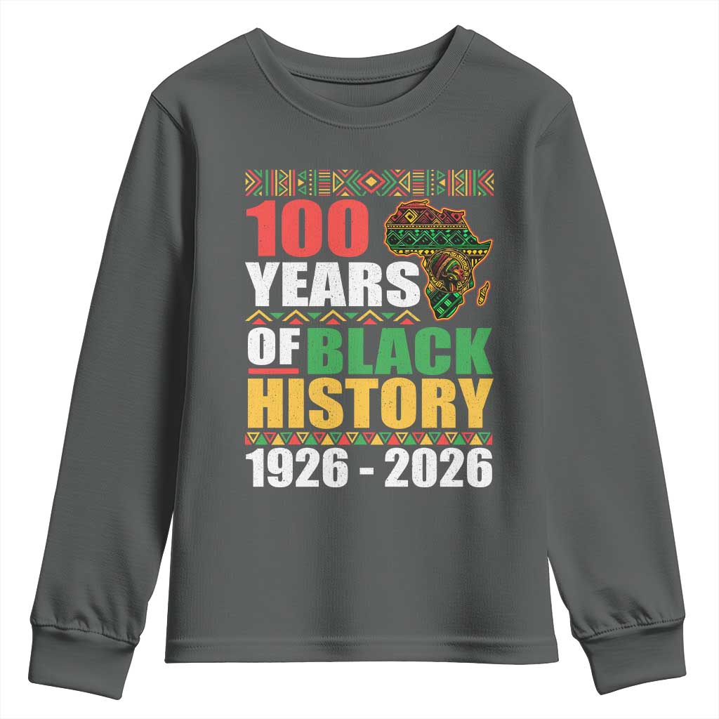 100 Years Of Black History 1926 2026 Centennial Youth Sweatshirt Africa Map TS11 Dark Heather Print Your Wear