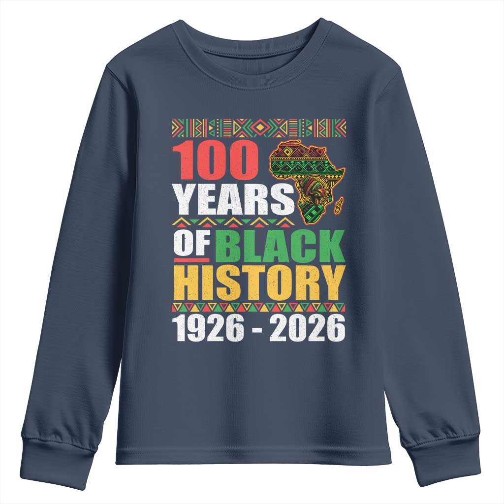 100 Years Of Black History 1926 2026 Centennial Youth Sweatshirt Africa Map TS11 Navy Print Your Wear