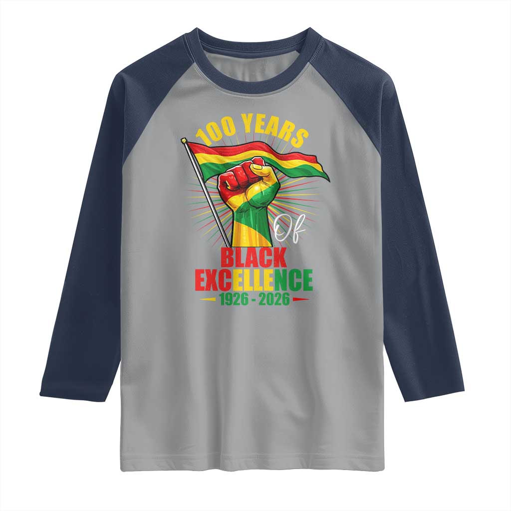 100 Years Of Black Excellence Raglan Shirt Centennial Black History Month TS11 Sport Gray Navy Print Your Wear