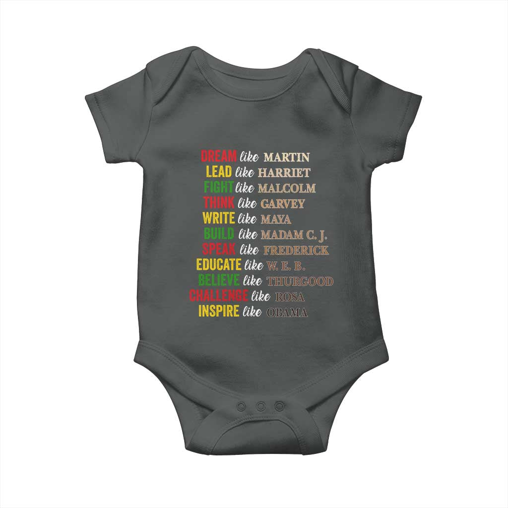 Black History Dream Like Martin Lead Like Harriet Baby Onesie African American Leaders TS11 Dark Heather Print Your Wear