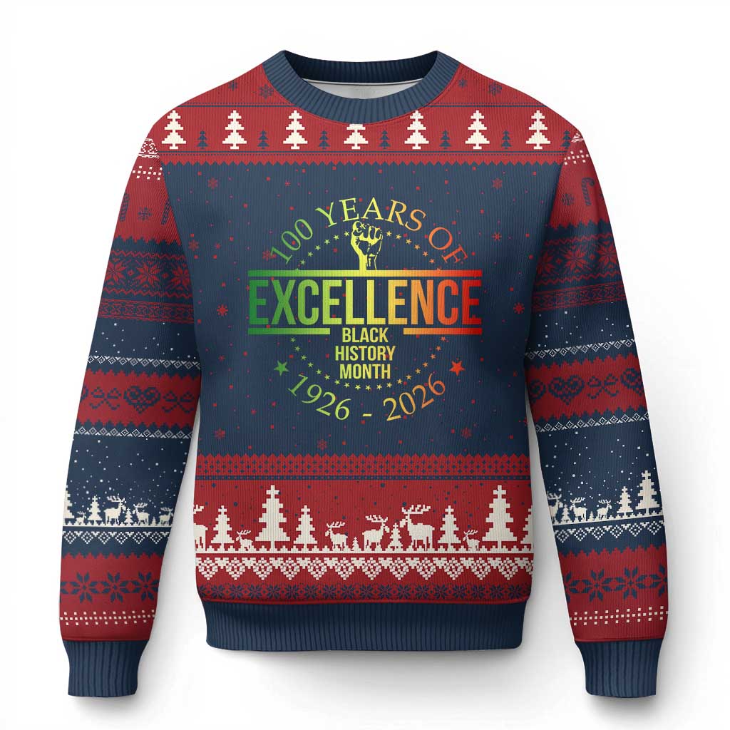 100 Years Of Excellence Black History Month 1926 2026 Ugly Christmas Sweater TS11 Navy Red Print Your Wear