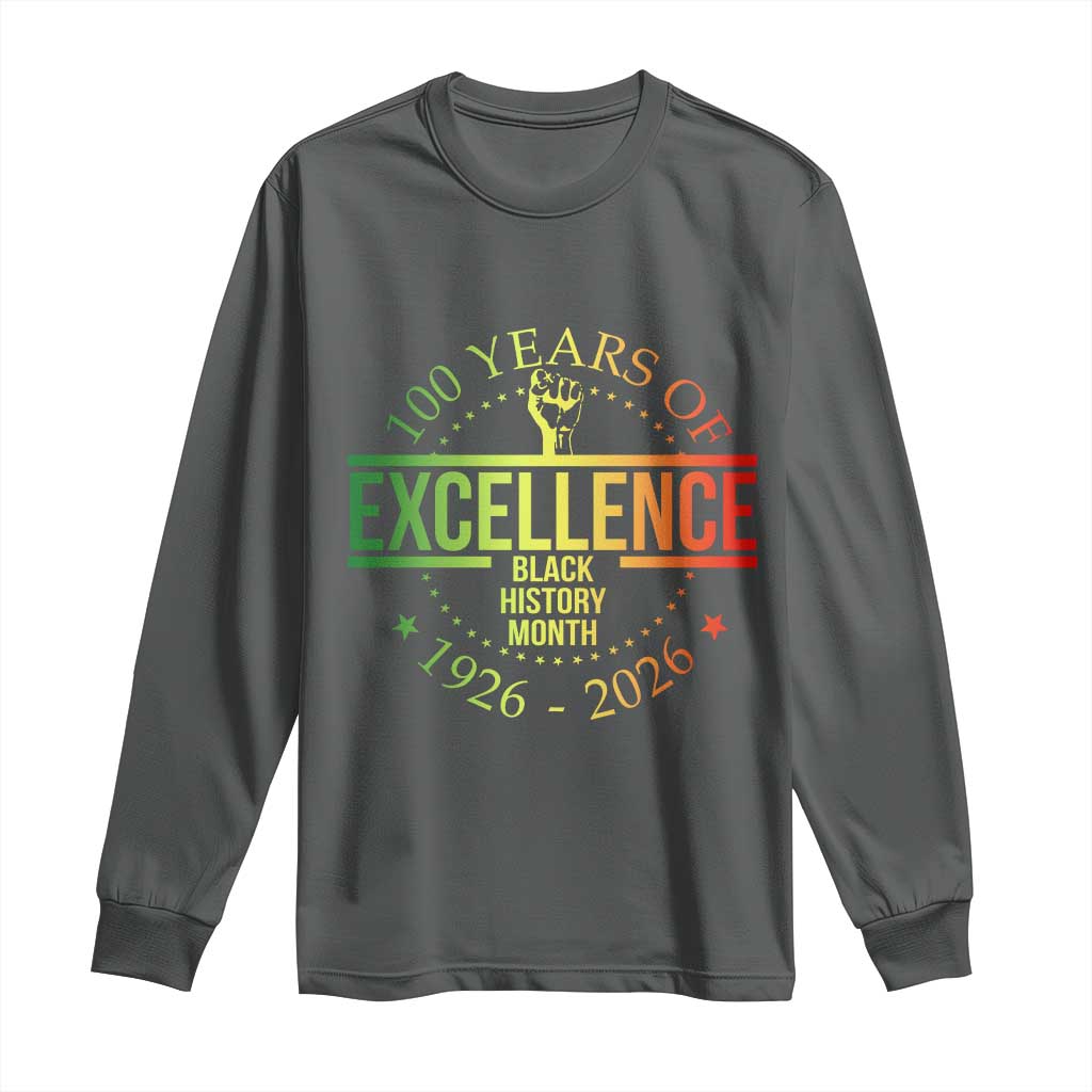 100 Years Of Excellence Black History Month 1926 2026 Long Sleeve Shirt TS11 Dark Heather Print Your Wear