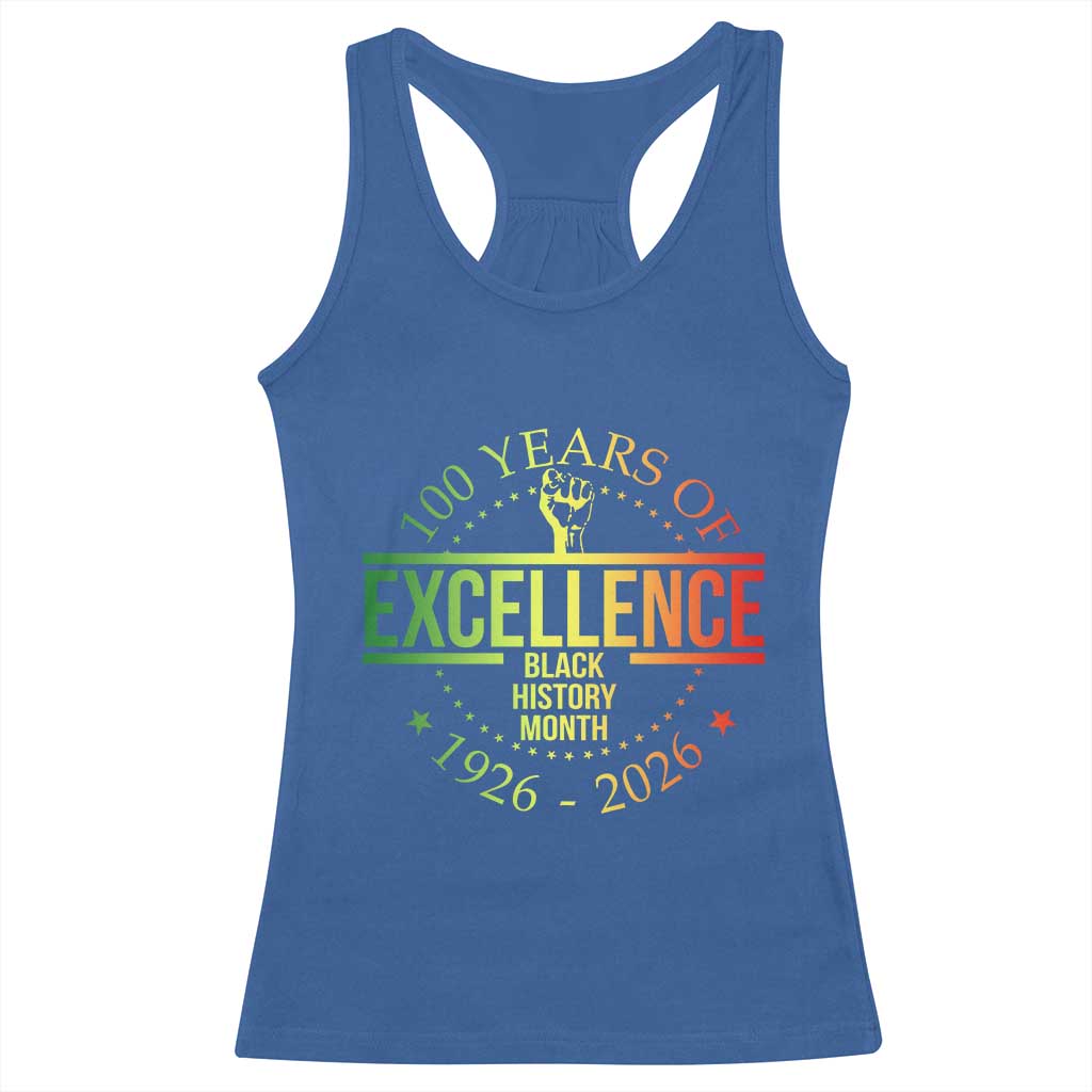 100 Years Of Excellence Black History Month 1926 2026 Racerback Tank Top TS11 Royal Blue Print Your Wear