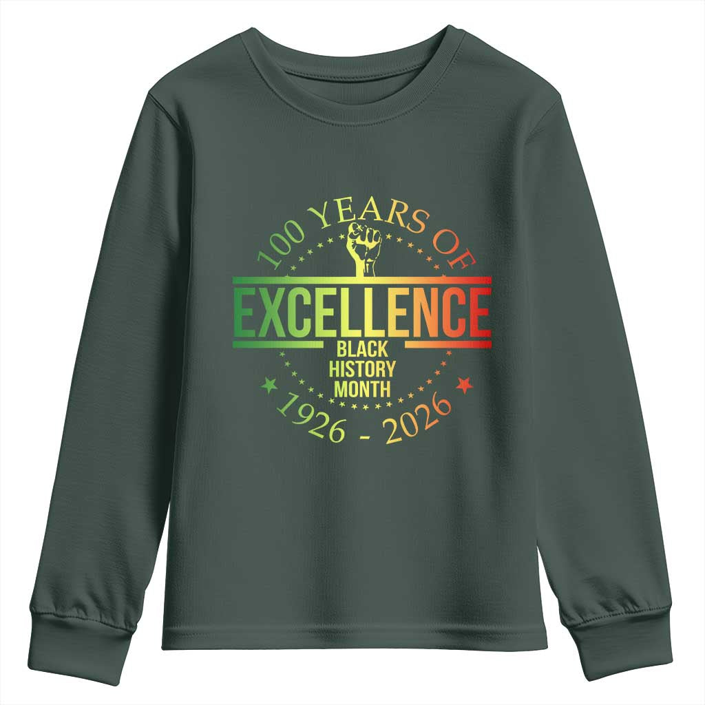 100 Years Of Excellence Black History Month 1926 2026 Youth Sweatshirt TS11 Dark Forest Green Print Your Wear