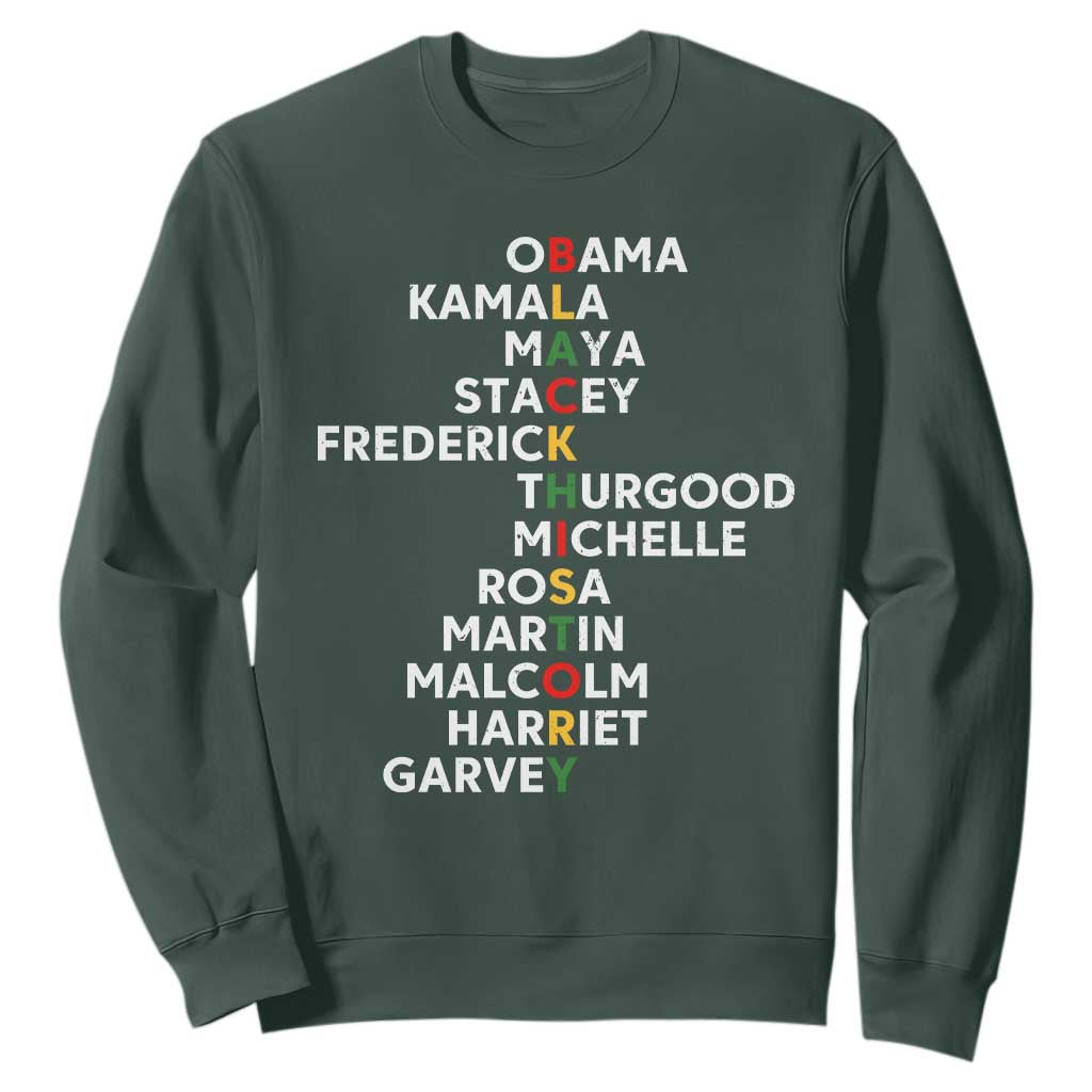 Black History Leaders Sweatshirt Obama Kamala Maya Stacey Frederick Thurgood Michelle TS11 Dark Forest Green Print Your Wear