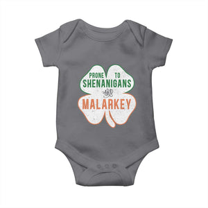 Prone to Shenanigans and Malarkey Baby Onesie Funny St Patricks Day Shamrock TS11 Charcoal Print Your Wear