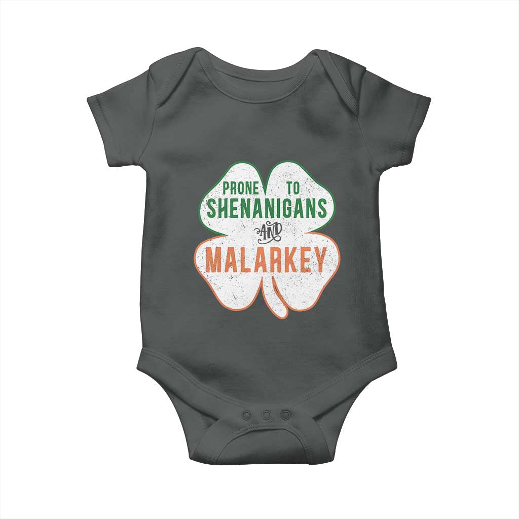 Prone to Shenanigans and Malarkey Baby Onesie Funny St Patricks Day Shamrock TS11 Dark Heather Print Your Wear